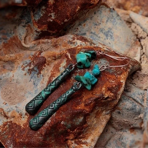 Turquoise Patina Earrings Natural Stone Dangle - Picture 8 of 10